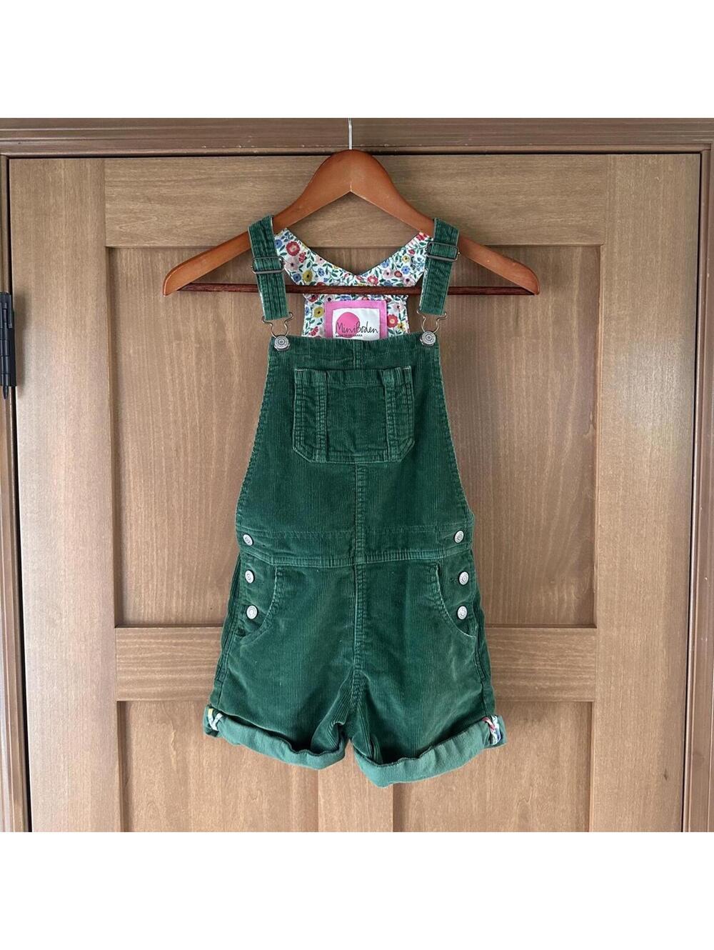 Mini Boden Green Corduroy Floral Lined Short Overalls Girl’s size 7/8